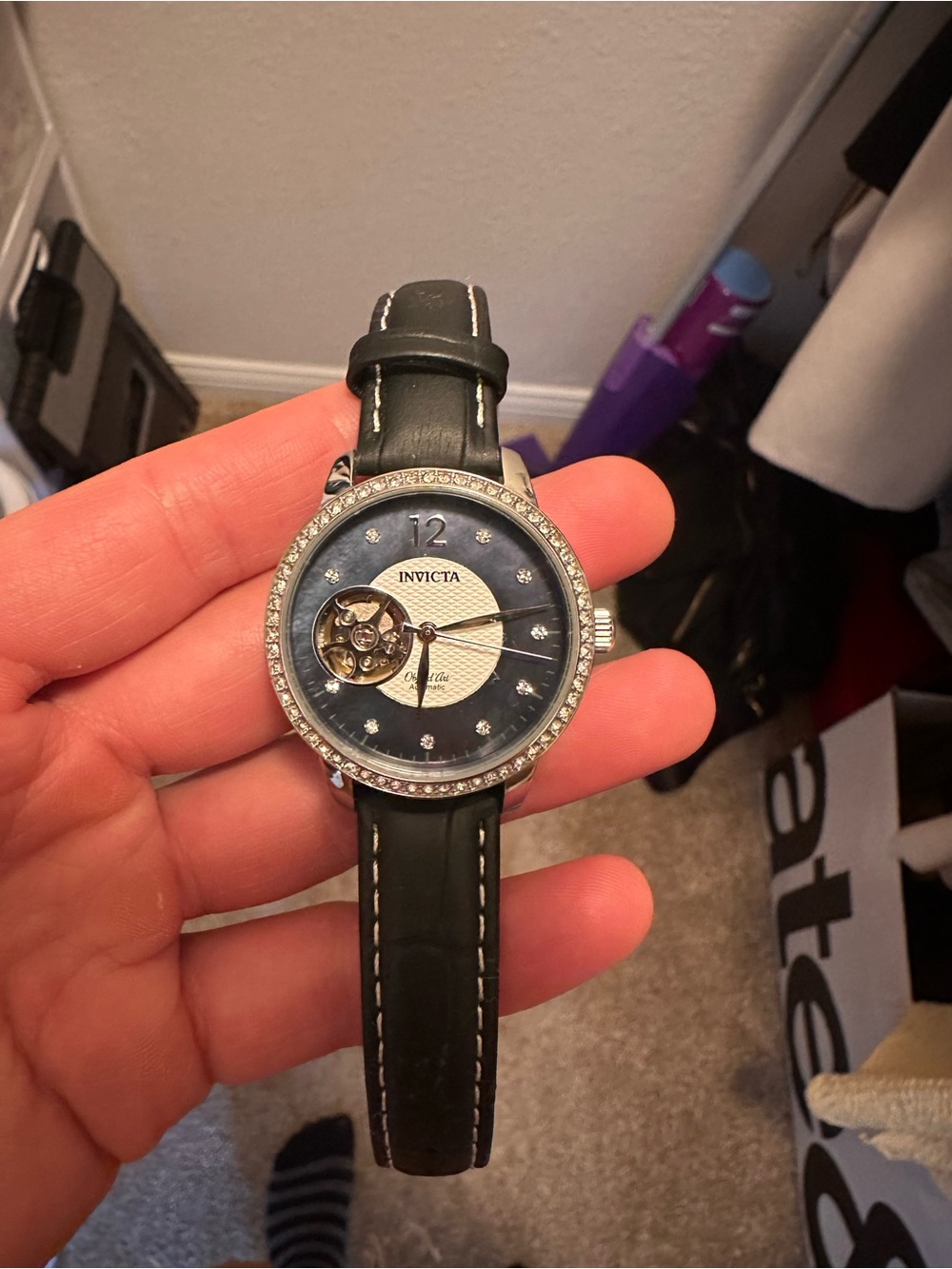 Invicta Ladies Black Strap Silver-Tone Crystal Accent Watch